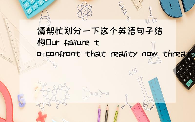 请帮忙划分一下这个英语句子结构Our failure to confront that reality now threatens this greatness of ours