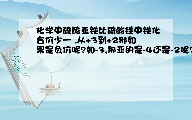 化学中硫酸亚铁比硫酸铁中铁化合价少一 ,从+3到+2那如果是负价呢?如-3,那亚的是-4还是-2呢?如硫酸根-2价，亚硫酸根呢？-3是-1？负价中亚的数字是加个还是减个？