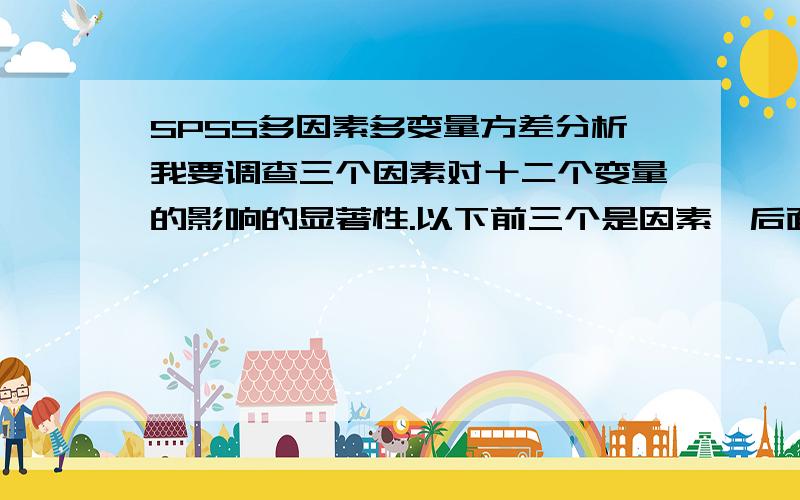 SPSS多因素多变量方差分析我要调查三个因素对十二个变量的影响的显著性.以下前三个是因素,后面有十二个变量.然后选择按照步骤进行计算但是输出的结果没有F值和SIG值.这是问卷统计 急.