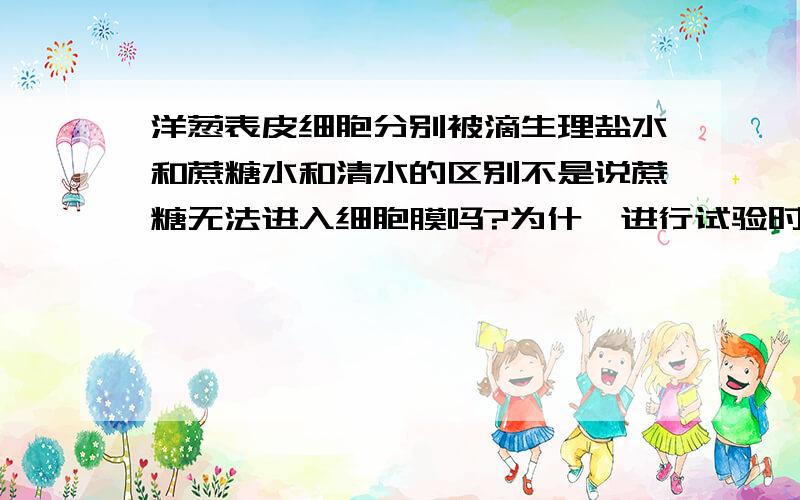 洋葱表皮细胞分别被滴生理盐水和蔗糖水和清水的区别不是说蔗糖无法进入细胞膜吗?为什麽进行试验时滴蔗糖水洋葱表皮细胞也会发生少许质壁分离?这三种液体对洋葱表皮细胞分别有什麽