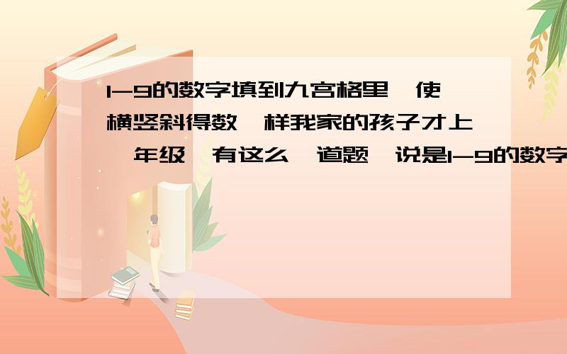 1-9的数字填到九宫格里,使横竖斜得数一样我家的孩子才上一年级,有这么一道题,说是1-9的数字,要填到九宫格里,且使数字的横排和竖排以及斜排所得的得数都一样,我很为难,