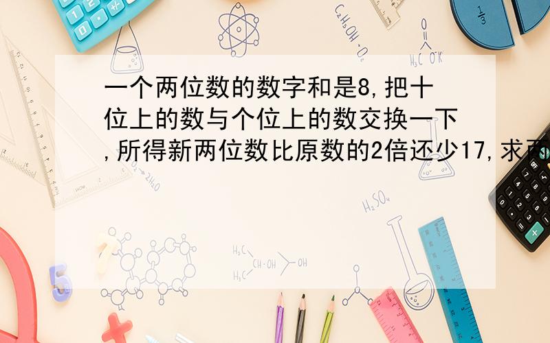 一个两位数的数字和是8,把十位上的数与个位上的数交换一下,所得新两位数比原数的2倍还少17,求两位数