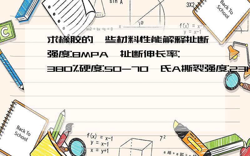 求橡胶的一些材料性能解释扯断强度:8MPA,扯断伸长率:380%硬度:50-70邵氏A撕裂强度:23KN/M扯断永久变形 ≤25% 谁能帮我解释一下上面5排数据.用通俗一点的语言,比如：扯断强度:8MPA,（大概是多大