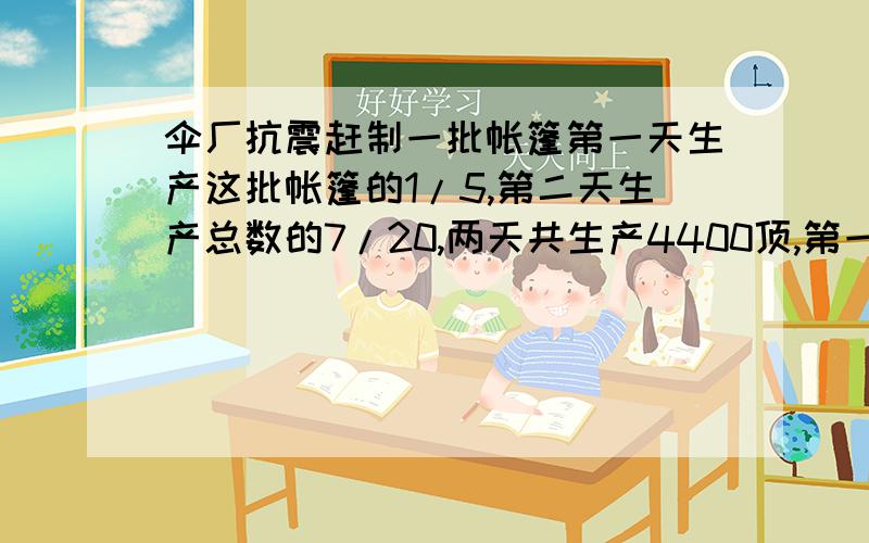 伞厂抗震赶制一批帐篷第一天生产这批帐篷的1/5,第二天生产总数的7/20,两天共生产4400顶,第一天生产?