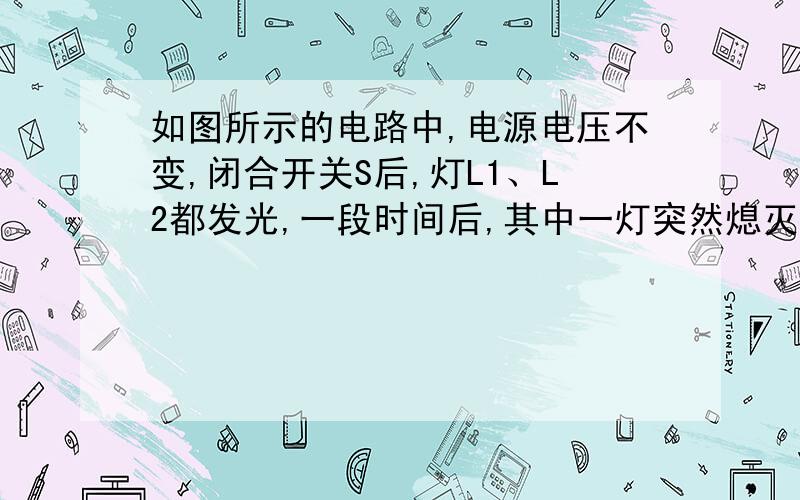 如图所示的电路中,电源电压不变,闭合开关S后,灯L1、L2都发光,一段时间后,其中一灯突然熄灭,而电流表、电压表的示数都不变,则产生这一现象的原因是:A．灯L1短路;                B．灯L2短路;