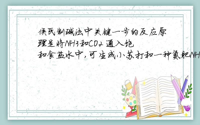侯氏制碱法中关键一步的反应原理是将NH3和CO2 通入饱和食盐水中,可生成小苏打和一种氮肥NH4HCO3 怎么表示