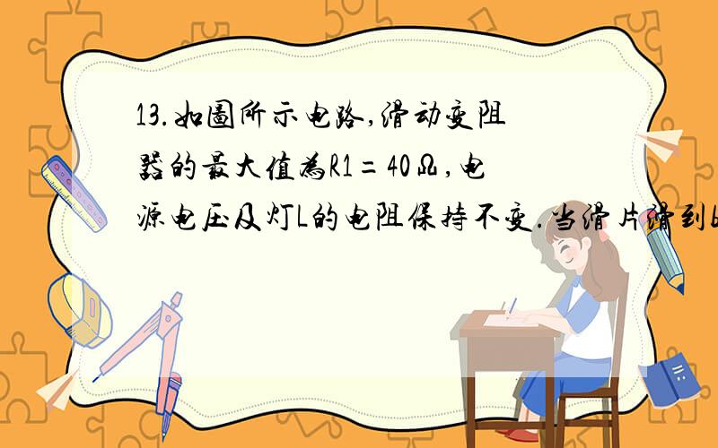 13.如图所示电路,滑动变阻器的最大值为R1=40Ω,电源电压及灯L的电阻保持不变.当滑片滑到b端时,将S1、S2均闭合,电流表A1、A2的示数分别为如图所示：当S1、S2均断开且滑片P置于变阻器的中点时,