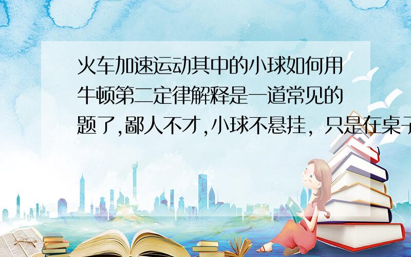 火车加速运动其中的小球如何用牛顿第二定律解释是一道常见的题了,鄙人不才,小球不悬挂，只是在桌子上