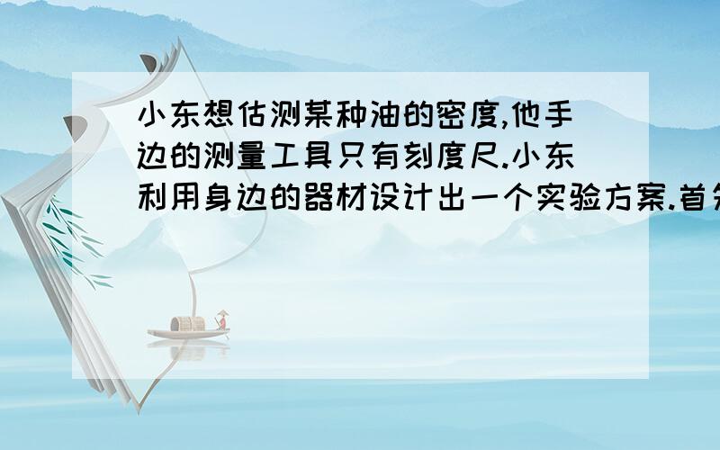 小东想估测某种油的密度,他手边的测量工具只有刻度尺.小东利用身边的器材设计出一个实验方案.首先找一根硬棒,用细线系在O点吊起,硬棒在水平位置平衡,然后将已知密度为P的金属块B挂在