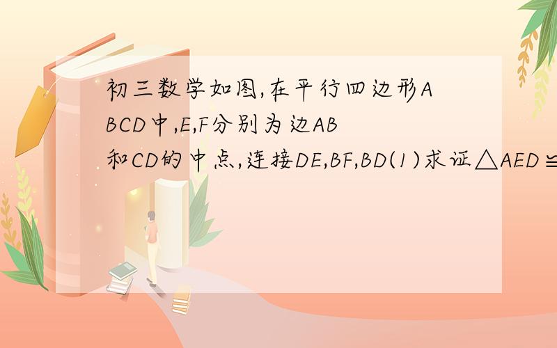 初三数学如图,在平行四边形ABCD中,E,F分别为边AB和CD的中点,连接DE,BF,BD(1)求证△AED≌△CFB：（2）若AD⊥BD,则四边形BFDE是什么特殊四边形?请证明你的结论.快点!