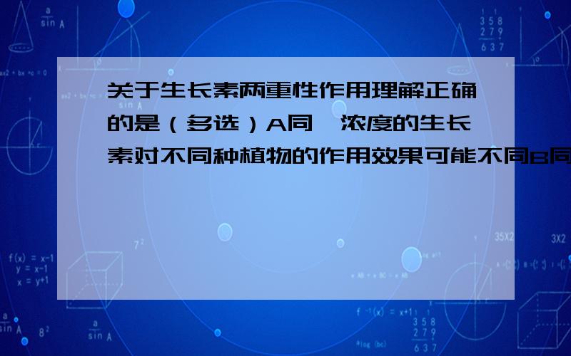 关于生长素两重性作用理解正确的是（多选）A同一浓度的生长素对不同种植物的作用效果可能不同B同一植物的不同器官,需要的适宜生长素浓度不同C不同浓度的生长素对同一器官的作用效果