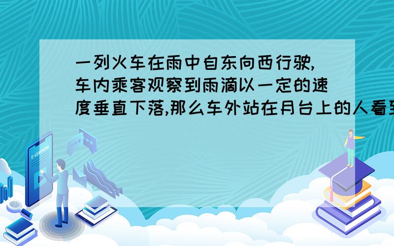 一列火车在雨中自东向西行驶,车内乘客观察到雨滴以一定的速度垂直下落,那么车外站在月台上的人看到的雨滴选项:A 沿偏东方向落下 B 垂直落下C 沿偏西方向落下D 无法确定请选出正确答案,