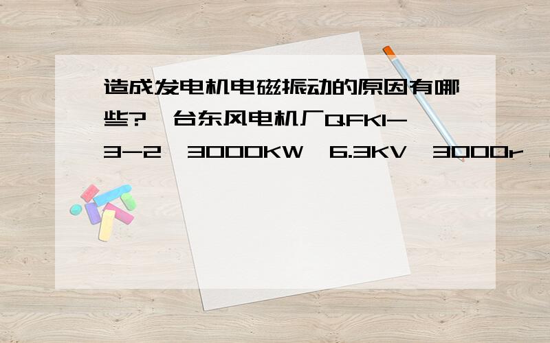 造成发电机电磁振动的原因有哪些?一台东风电机厂QFK1-3-2,3000KW,6.3KV,3000r,励磁电压79V,励磁电流243A.发电机转子磁化,无励磁时振动正常,加励磁后发电机强烈振动,振动随电压升高而加剧.现场测