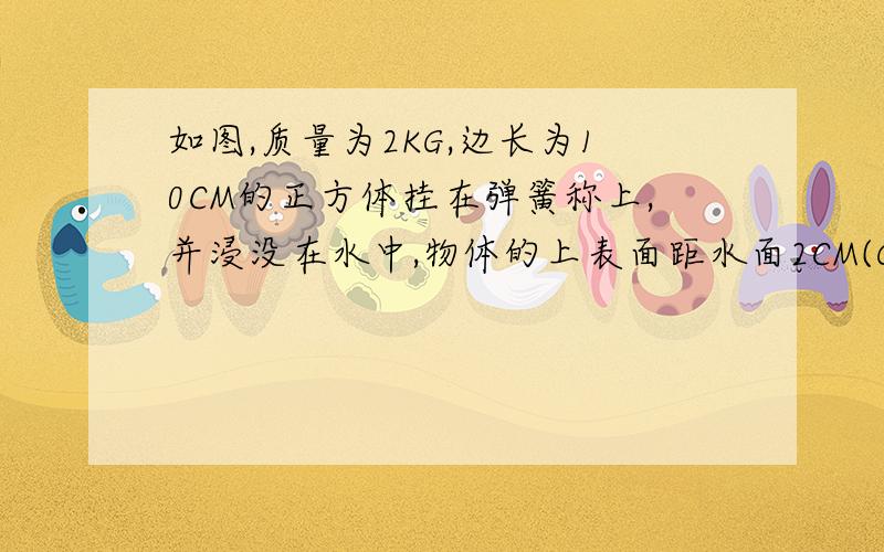 如图,质量为2KG,边长为10CM的正方体挂在弹簧称上,并浸没在水中,物体的上表面距水面2CM(G=10N\KG)求大