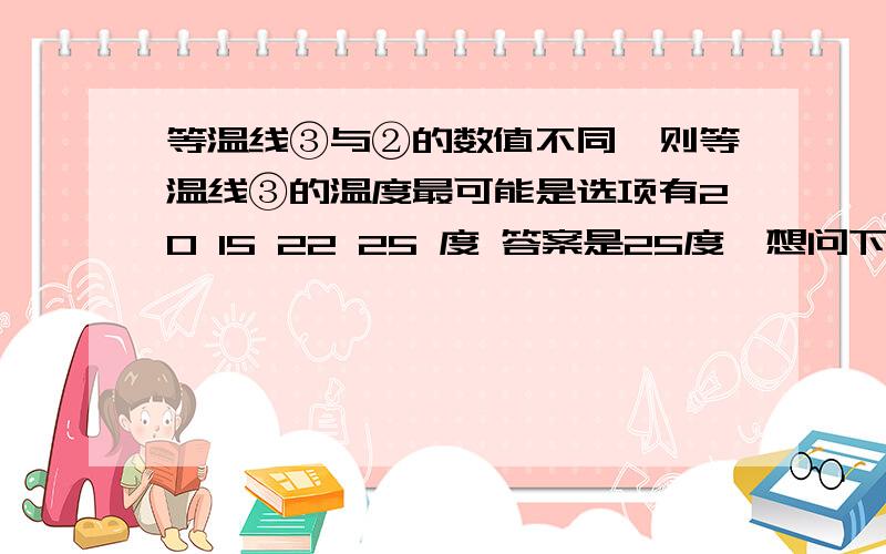 等温线③与②的数值不同,则等温线③的温度最可能是选项有20 15 22 25 度 答案是25度,想问下为什么,答的好的话有加分