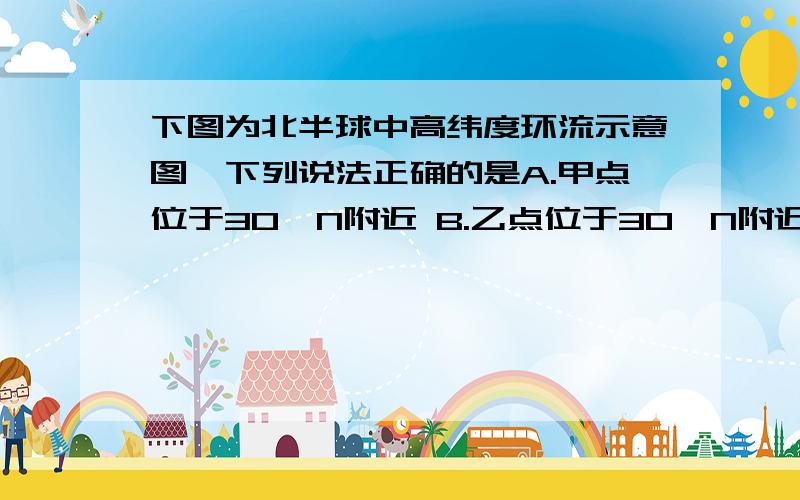 下图为北半球中高纬度环流示意图,下列说法正确的是A.甲点位于30°N附近 B.乙点位于30°N附近C.①为冷性气流 D.②是盛行西南风