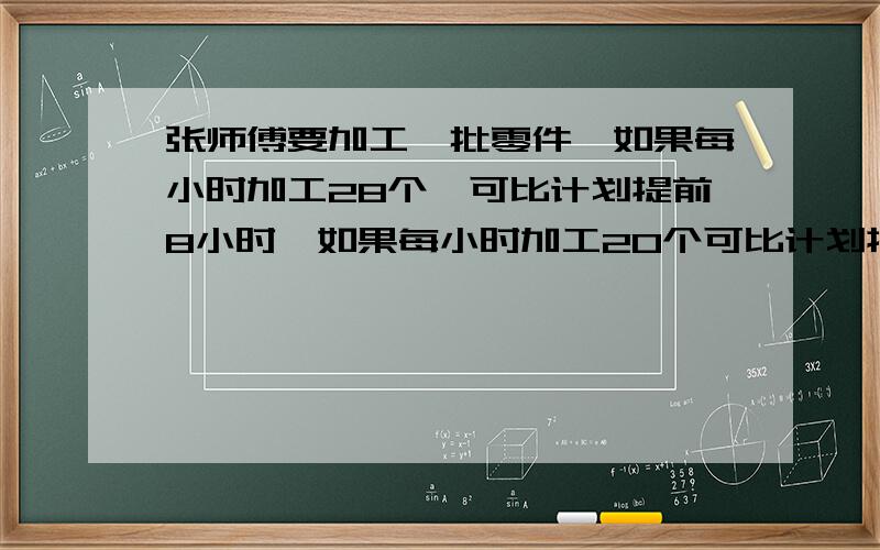 张师傅要加工一批零件,如果每小时加工28个,可比计划提前8小时,如果每小时加工20个可比计划提前4小时,共多张师傅要加工一批零件,如果每小时加工28个,可比计划提前8小时,如果每小时加工20