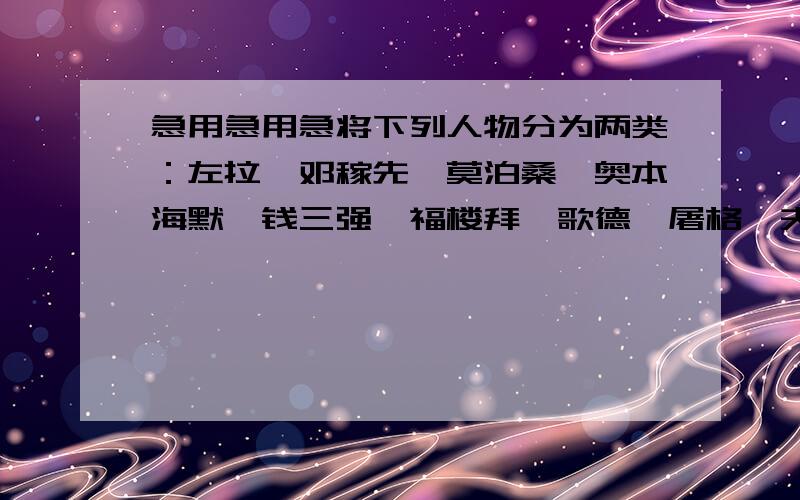 急用急用急将下列人物分为两类：左拉,邓稼先,莫泊桑,奥本海默,钱三强,福楼拜,歌德,屠格涅夫（1）（ ）（2）（ ）