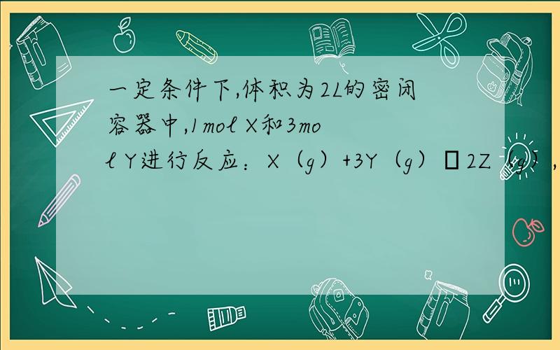 一定条件下,体积为2L的密闭容器中,1mol X和3mol Y进行反应：X（g）+3Y（g）⇌2Z（g）,经12s达到平衡,生成0.6mol Z．下列说法正确的是（ ）A．以X浓度变化表示的反应速率为18mol（L•s）B．12s