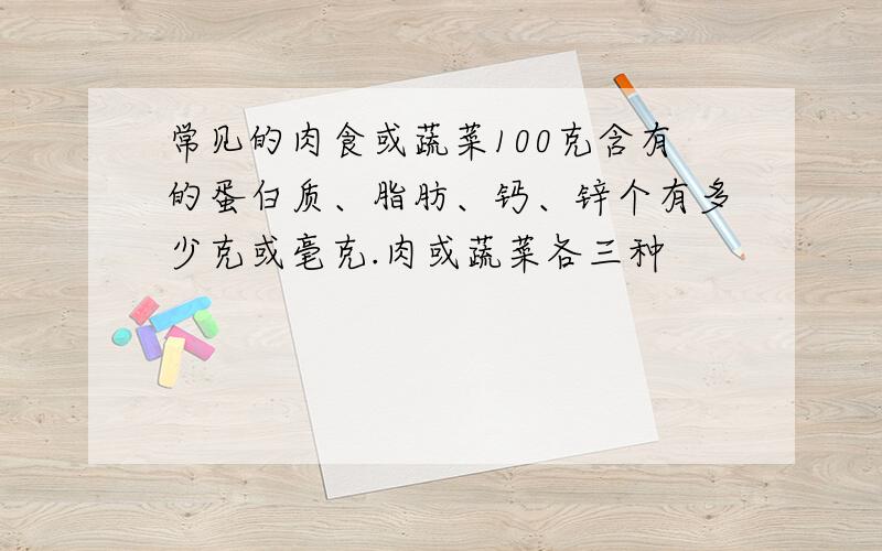 常见的肉食或蔬菜100克含有的蛋白质、脂肪、钙、锌个有多少克或毫克.肉或蔬菜各三种