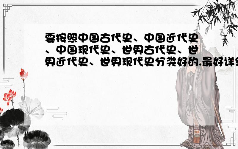 要按照中国古代史、中国近代史、中国现代史、世界古代史、世界近代史、世界现代史分类好的.最好详细一点的.