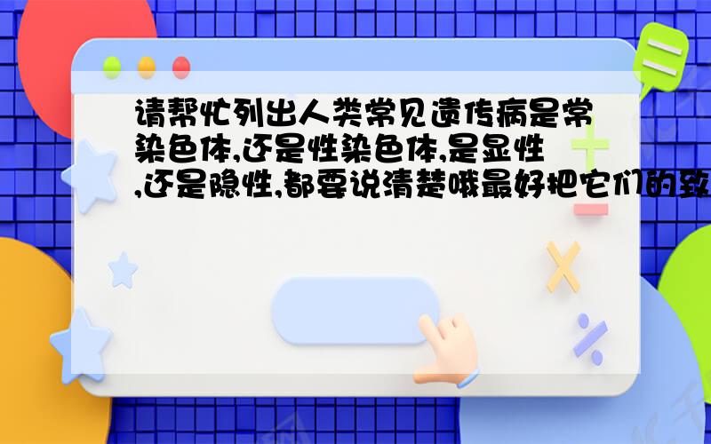 请帮忙列出人类常见遗传病是常染色体,还是性染色体,是显性,还是隐性,都要说清楚哦最好把它们的致病机理说清楚哦我要的不仅仅是课本上的，更多是课本上没有的