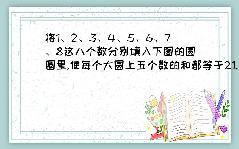 将1、2、3、4、5、6、7、8这八个数分别填入下图的圆圈里,使每个大圆上五个数的和都等于21.