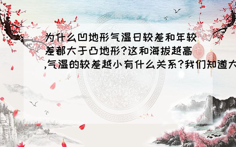 为什么凹地形气温日较差和年较差都大于凸地形?这和海拔越高,气温的较差越小有什么关系?我们知道大气的能量来源主要来自地面辐射,越接近地面,大气受下垫面影响越大,表现为气温较差越