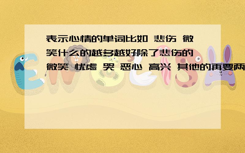 表示心情的单词比如 悲伤 微笑什么的越多越好除了悲伤的 微笑 忧虑 哭 恶心 高兴 其他的再要两个,最好有中文