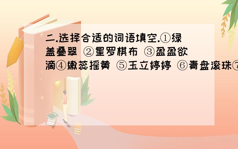 二.选择合适的词语填空.①绿盖叠翠 ②星罗棋布 ③盈盈欲滴④嫩蕊摇黄 ⑤玉立婷婷 ⑥青盘滚珠⑦娇羞欲语 ⑧皎皎无暇走进公园，首先映入眼帘的是( )、( )的荷花。红荷垂露，( )；白荷带雨