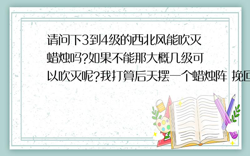 请问下3到4级的西北风能吹灭蜡烛吗?如果不能那大概几级可以吹灭呢?我打算后天摆一个蜡烛阵 挽回一下分手的女朋友 目前知道后天的天气状况是 最高温度-1度 最低温度-13度 有3到4级的西北