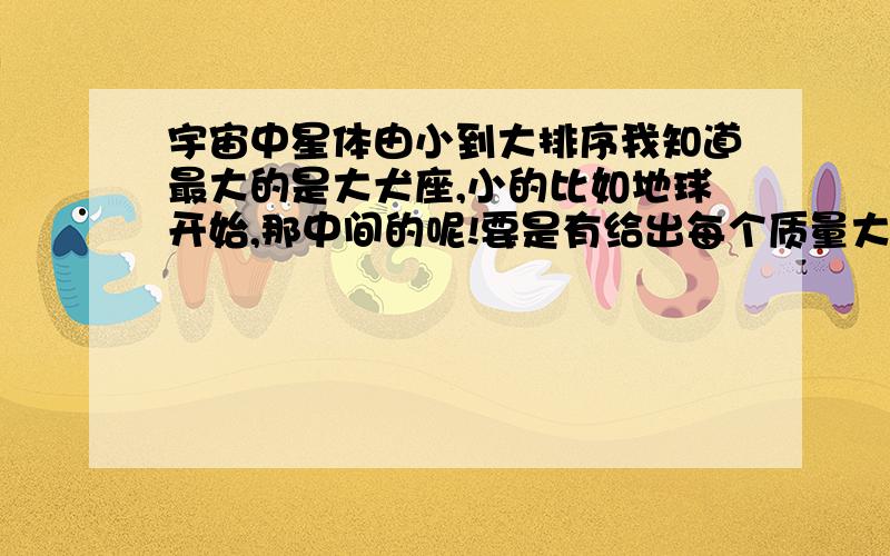 宇宙中星体由小到大排序我知道最大的是大犬座,小的比如地球开始,那中间的呢!要是有给出每个质量大小就更好了!