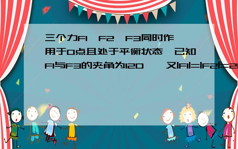 三个力F1,F2,F3同时作用于O点且处于平衡状态,已知F1与F3的夹角为120°,又|F1|=|F2|=20N,则|F3|=