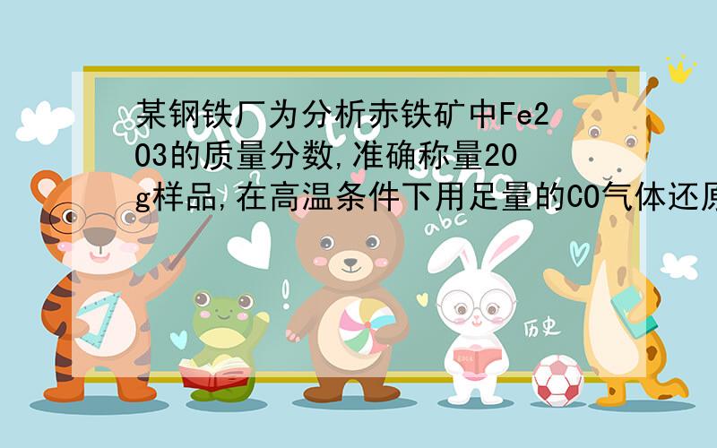 某钢铁厂为分析赤铁矿中Fe2O3的质量分数,准确称量20g样品,在高温条件下用足量的CO气体还原,充分反应（假设其他杂质不与CO反应）后冷却,称重,质量为15.2g.计算该赤铁矿样品中Fe2O3的质量分数