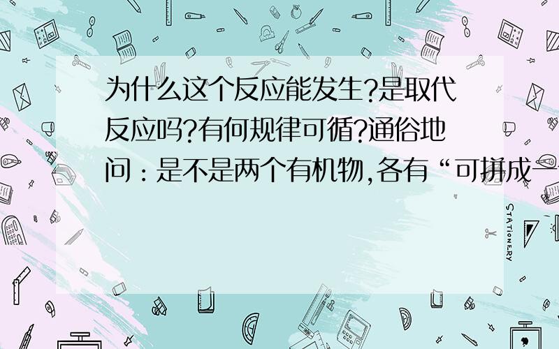 为什么这个反应能发生?是取代反应吗?有何规律可循?通俗地问：是不是两个有机物,各有“可拼成一个新物质的”一部分结构,就可发生取代反应了吗?比如本题中,两物质各有Na—和Cl—,可以合