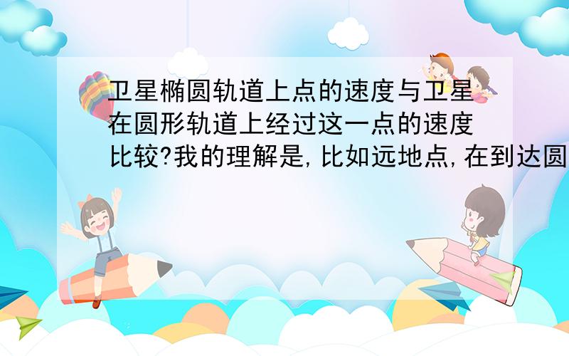 卫星椭圆轨道上点的速度与卫星在圆形轨道上经过这一点的速度比较?我的理解是,比如远地点,在到达圆与椭圆切点之前,卫星做离心运动,到达切点之后,做相信运动,所以切点应整好和圆上速度