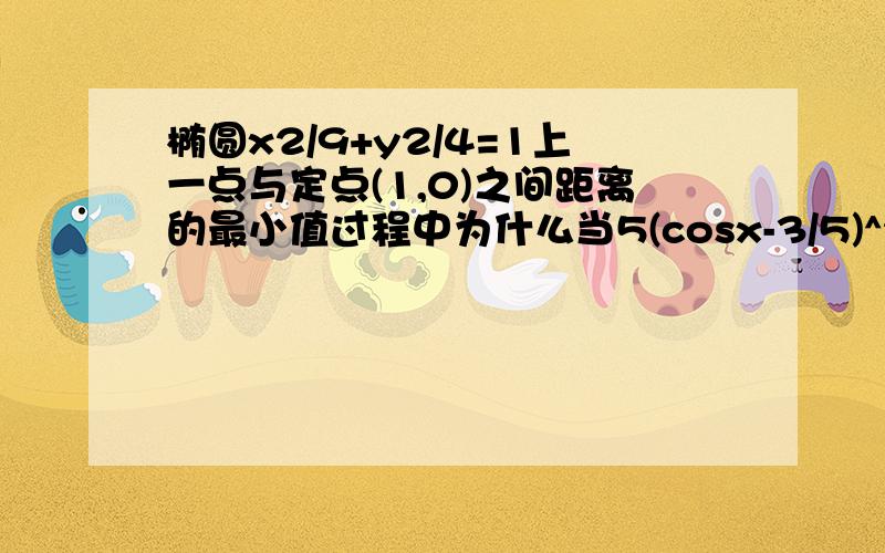 椭圆x2/9+y2/4=1上一点与定点(1,0)之间距离的最小值过程中为什么当5(cosx-3/5)^2=0时,取最小?