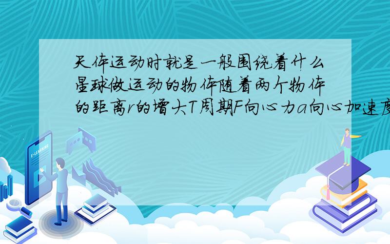 天体运动时就是一般围绕着什么星球做运动的物体随着两个物体的距离r的增大T周期F向心力a向心加速度w角速度的改变一般都使出的选择题让做比较也麻烦把推倒的公式写出来呗