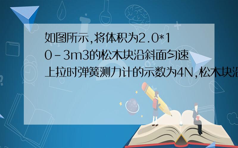 如图所示,将体积为2.0*10-3m3的松木块沿斜面匀速上拉时弹簧测力计的示数为4N,松木块沿斜面移动1M,上升高度为30CM,求∶（1）松木块的重力（2）斜面的机械效率（g=10N/kg,.)有了，0.5*1000kg/m3