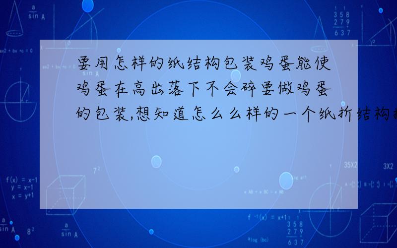 要用怎样的纸结构包装鸡蛋能使鸡蛋在高出落下不会碎要做鸡蛋的包装,想知道怎么么样的一个纸折结构抱住鸡蛋能够让鸡蛋在高处落下不会碎