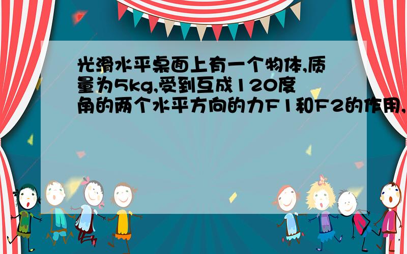 光滑水平桌面上有一个物体,质量为5kg,受到互成120度角的两个水平方向的力F1和F2的作用,两个力的大小都是10N.这个物体的加速度是多大?要有文字解题过程和受力分析图,