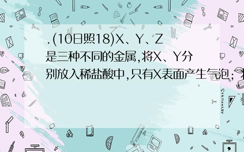 .(10日照18)X、Y、Z是三种不同的金属,将X、Y分别放入稀盐酸中,只有X表面产生气泡；将Y、Z分别放入硝酸银溶液中,一会儿后,Y表面有银析出,而Z无变化.根据以上实验事实,判断三种金属的活动性