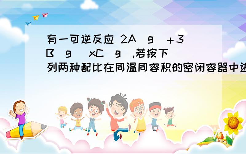 有一可逆反应 2A(g)＋3B(g) xC(g),若按下列两种配比在同温同容积的密闭容器中进行反应：（1） 0.8molA、1.2molB、1.2molC （2）1.4molA、2.1molB、0.6molC达到平衡后,C的百分含量相等,则该化学方程式中x