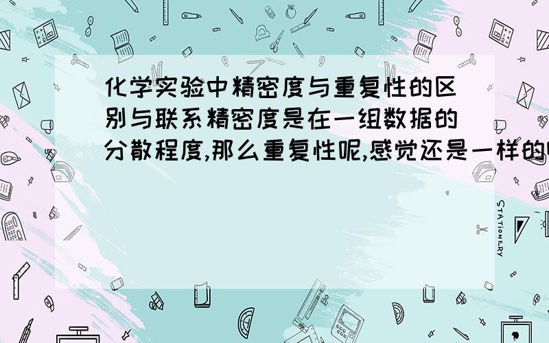 化学实验中精密度与重复性的区别与联系精密度是在一组数据的分散程度,那么重复性呢,感觉还是一样的啊···