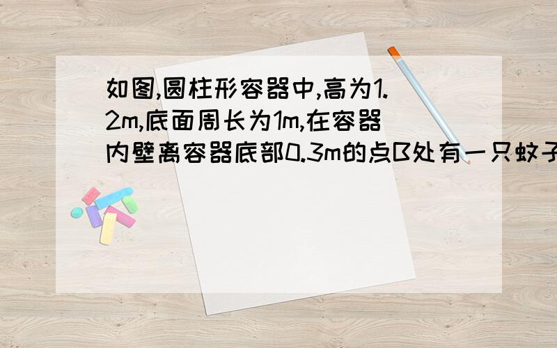 如图,圆柱形容器中,高为1.2m,底面周长为1m,在容器内壁离容器底部0.3m的点B处有一只蚊子,此时一只壁虎正好在容器外壁,离容器上沿0.3m与蚊子相对的A点处,壁虎捉蚊子的最短距离是多少