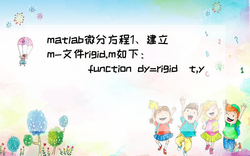 matlab微分方程1、建立m-文件rigid.m如下：       function dy=rigid(t,y)       dy=zeros(3,1);       dy(1)=y(2)*y(3);       dy(2)=-y(1)*y(3);       dy(3)=-0.51*y(1)*y(2);2、取t0=0,tf=12,输入命令：    [T,Y]=ode45('rigid',[0 12],[0 1 1])