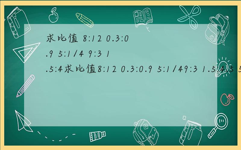 求比值 8:12 0.3:0.9 5:1/4 9:3 1.5:4求比值8:12 0.3:0.9 5:1/49:3 1.5:4.5 5/4:20