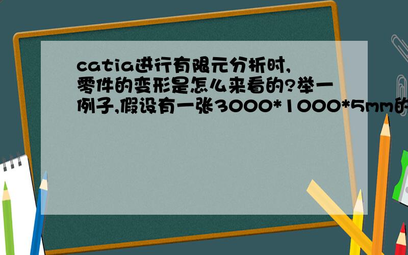 catia进行有限元分析时,零件的变形是怎么来看的?举一例子,假设有一张3000*1000*5mm的钢板,两个抬起来（不考虑人力气够不够）,会发生严重的弯曲,弯曲量大概有400mm左右,但是在有限元分析中,设