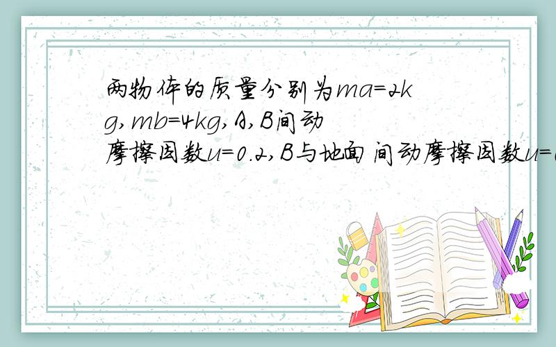 两物体的质量分别为ma=2kg,mb=4kg,A,B间动摩擦因数u=0.2,B与地面间动摩擦因数u=0.4.用力F作用在B上后,A,B间B与地面间都发生了相对滑动,求各接触面间摩擦力的大小