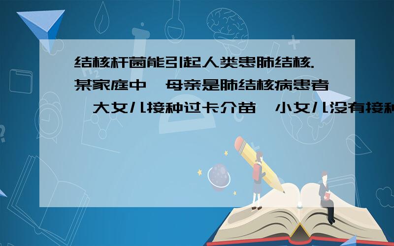 结核杆菌能引起人类患肺结核.某家庭中,母亲是肺结核病患者,大女儿接种过卡介苗,小女儿没有接种过卡介苗,三年后,小女儿患了肺结核病,大女儿肺部正常,请回答下列问题:(1)母亲是肺结核病